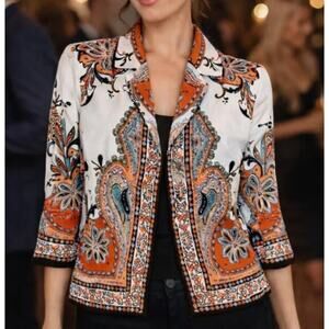 Tan Jay Womens 10 Petite Orange White Boho 3/4 Sleeve Blazer Jacket Lightweight